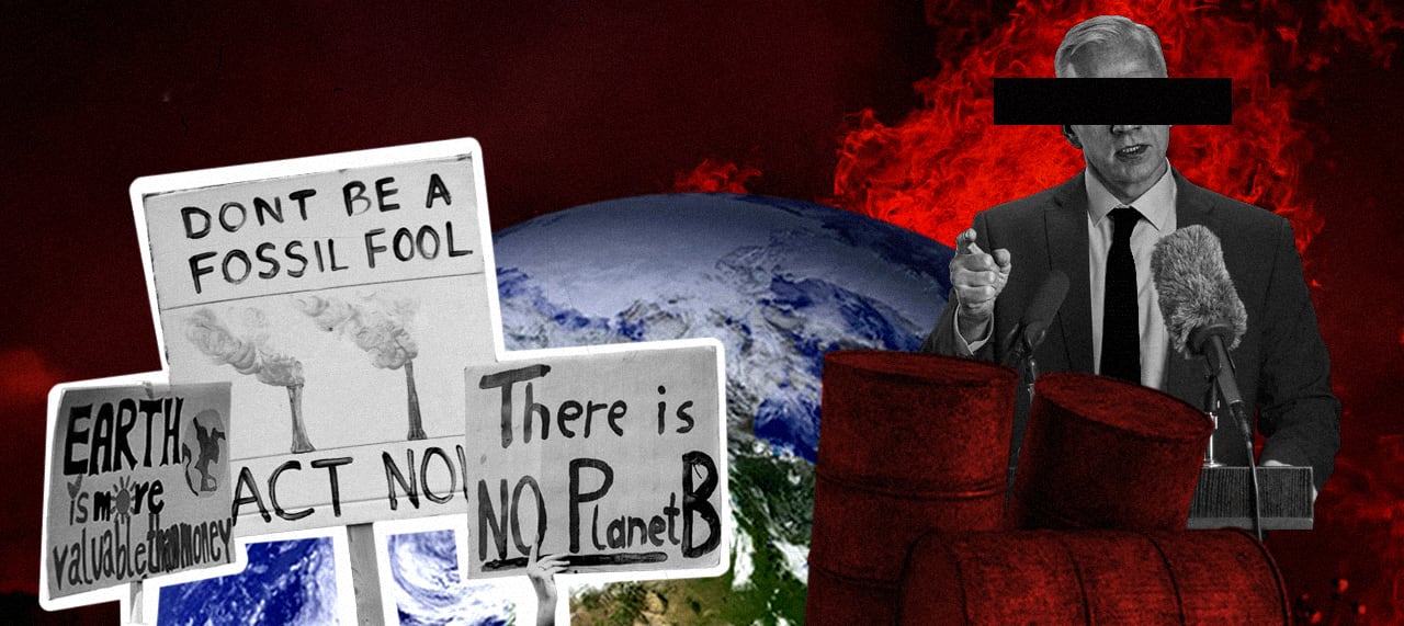 Collage of protesters, a faceless man speaking at a podium and a burning Earth
