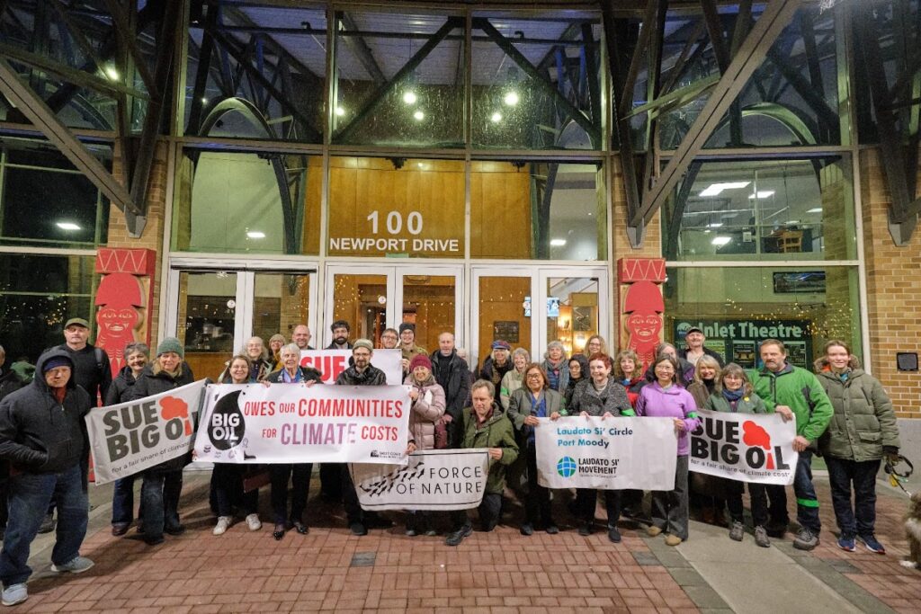 Port Moody community members and Sue Big Oil supporters outside City Hall, Feb. 2024