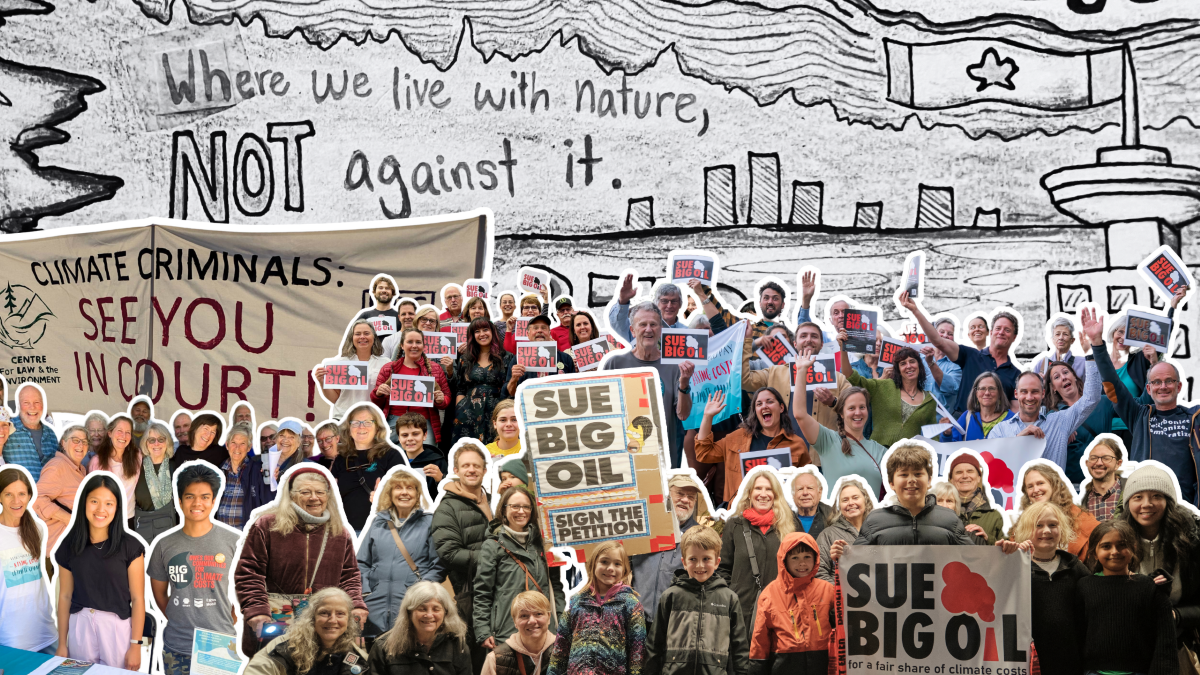 Collage of photos featuring dozens of volunteers and supporters with Sue Big Oil signs.