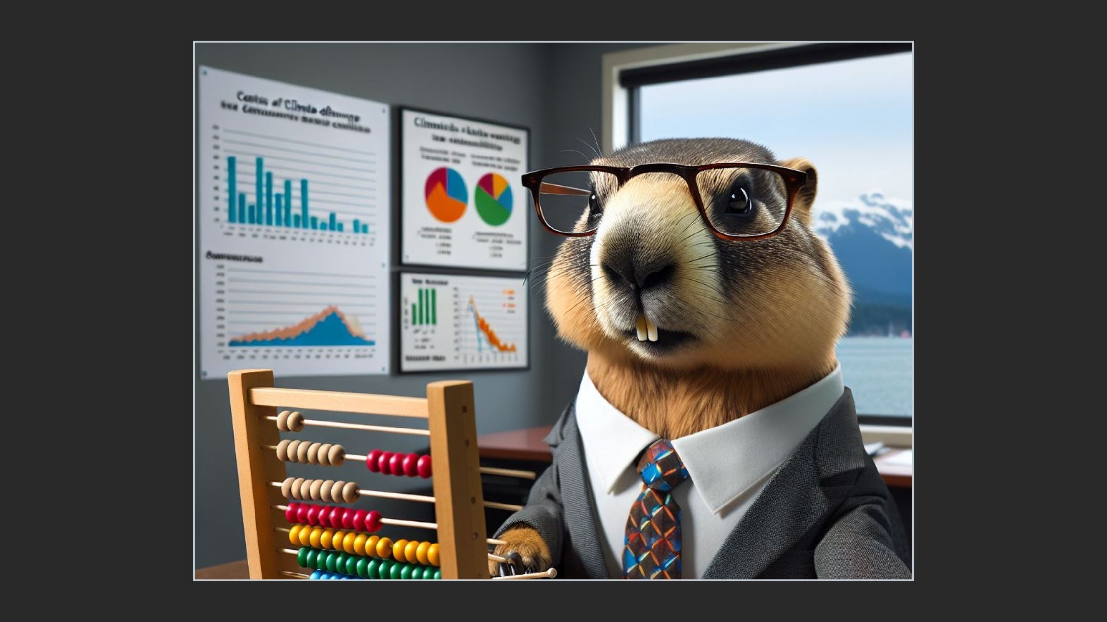 Digital illustration of a groundhog wearing a suit at a desk with calculator, abacus, charts and papers