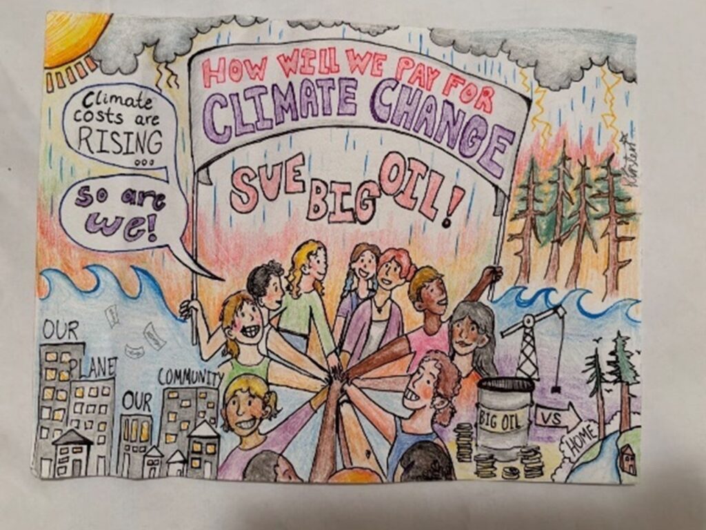 Hand-drawn postcard featuring illustration of climate activists in a circle stacking hands together with Sue Big Oil banner overhead.