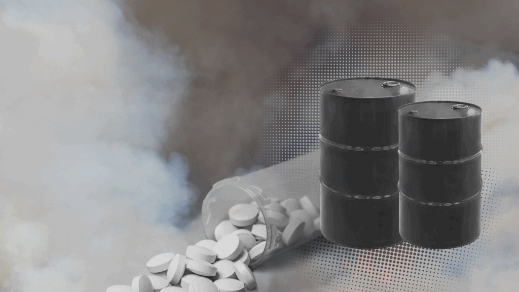 Black & white image of overturned pill bottle with pills spilling out, next to oil barrels with smoke in the background